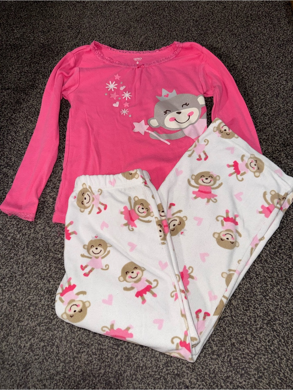 Carter’s Girls Monkey Pajama Set Size 6 Pink Fleece PJ Set Long Sleeve